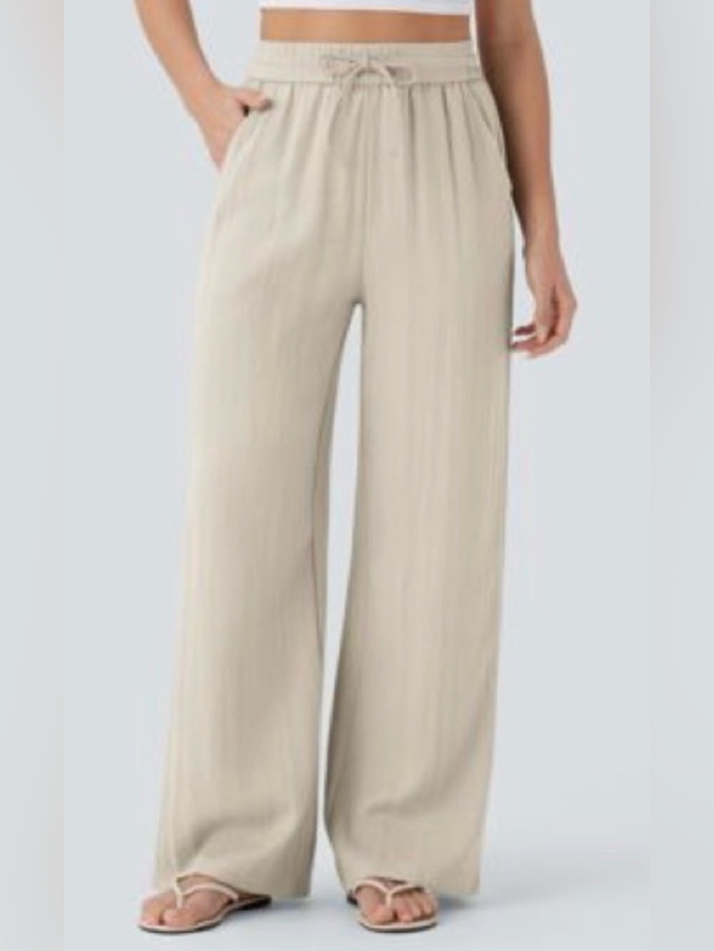 High Waisted Drawstring Pocket Wide Leg Baggy Casual Linen-Feel Pants Large